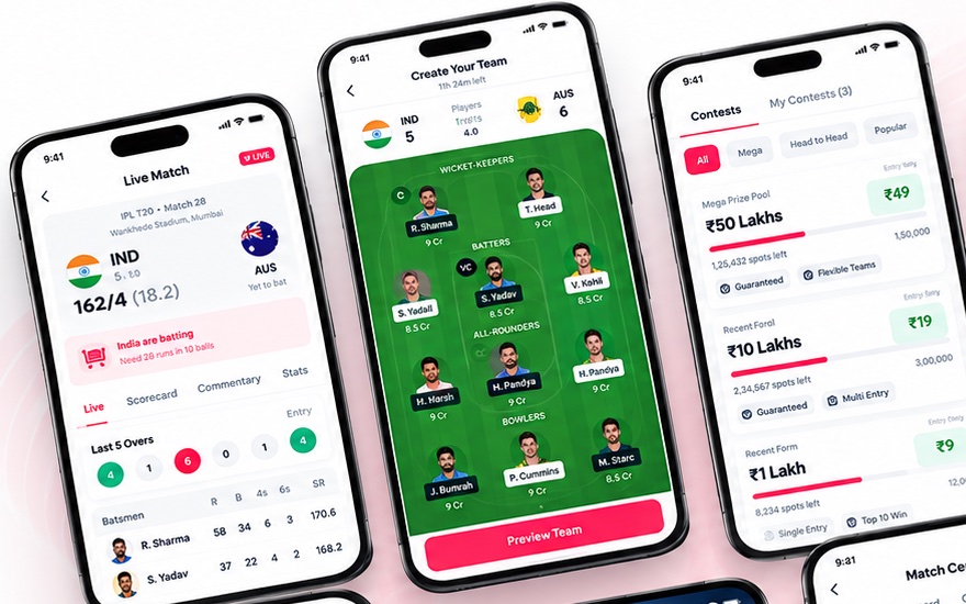 Fantasy app screens: live match, team builder and contests